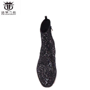 Planet Gates FR.LANCELOT 2018 New sequin leather men booties zip up Chelsea Boots black bling Ankle Boots Men's glitter party shoes vintage