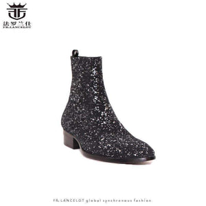 Planet Gates FR.LANCELOT 2018 New sequin leather men booties zip up Chelsea Boots black bling Ankle Boots Men's glitter party shoes vintage