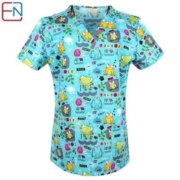 Planet Gates froggie / XXS Women Scrub Top With V-Neck 100% Cotton Print Surgical Medical Uniforms Hospital Nurse Scrub Tops For Women