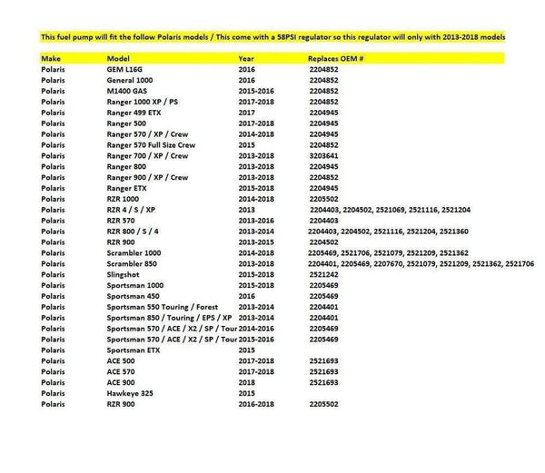 Planet Gates Fuel Pump for Polari RZR Ranger Scrambler Sportsman 570 800 850 900 1000 2011 2204401 2204402 2204403 2204852