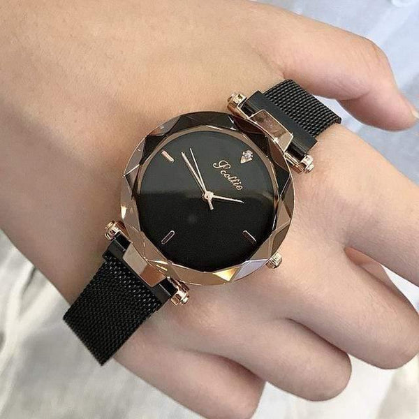 Planet Gates full black Lady Crystal Watch Magnet buckle Women Dress Watch Fashion Quartz Watch Female Stainless Steel Wristwatches