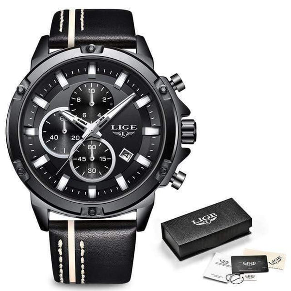 Planet Gates Full Black Men Watches Fashion Chronograph Male Top Brand Luxury Quartz Watch Men Leather Waterproof Sport Watch Relogio Masculino