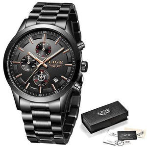 Planet Gates Full Black Rose Watch Men Top Brand Luxury Chronograph Male Sport Watch Quartz Clock Stainless Steel Waterproof Men Watch Relogio Masculino