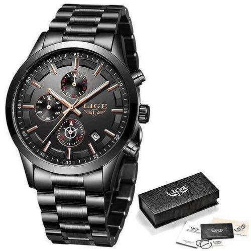 Planet Gates Full Black Rose Watch Men Top Brand Luxury Chronograph Male Sport Watch Quartz Clock Stainless Steel Waterproof Men Watch Relogio Masculino