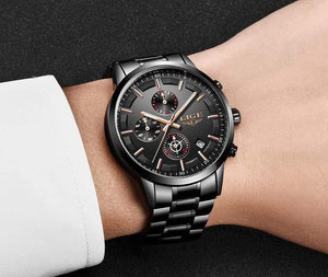 Planet Gates Full Black Rose Watch Men Top Brand Luxury Chronograph Male Sport Watch Quartz Clock Stainless Steel Waterproof Men Watch Relogio Masculino