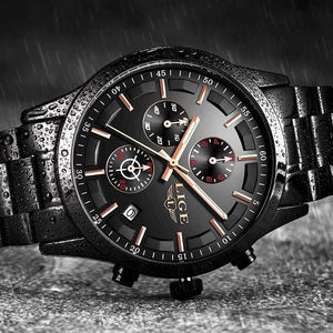 Planet Gates Full Black Rose Watch Men Top Brand Luxury Chronograph Male Sport Watch Quartz Clock Stainless Steel Waterproof Men Watch Relogio Masculino