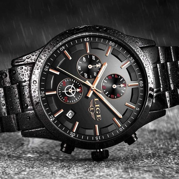 Planet Gates Full Black Rose Watch Men Top Brand Luxury Chronograph Male Sport Watch Quartz Clock Stainless Steel Waterproof Men Watch Relogio Masculino