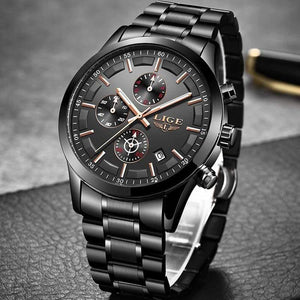 Planet Gates Full Black Rose Watch Men Top Brand Luxury Chronograph Male Sport Watch Quartz Clock Stainless Steel Waterproof Men Watch Relogio Masculino