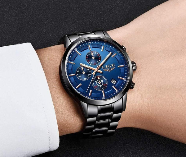 Planet Gates Full Black Rose Watch Men Top Brand Luxury Chronograph Male Sport Watch Quartz Clock Stainless Steel Waterproof Men Watch Relogio Masculino