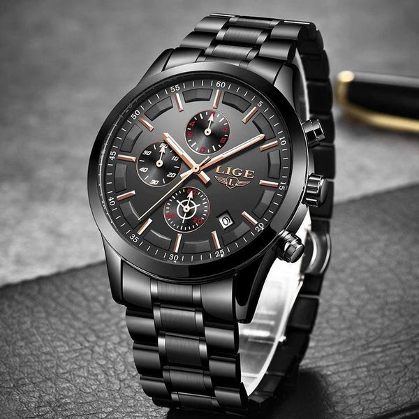 Planet Gates Full Black Rose Watch Men Top Brand Luxury Chronograph Male Sport Watch Quartz Clock Stainless Steel Waterproof Men Watch Relogio Masculino