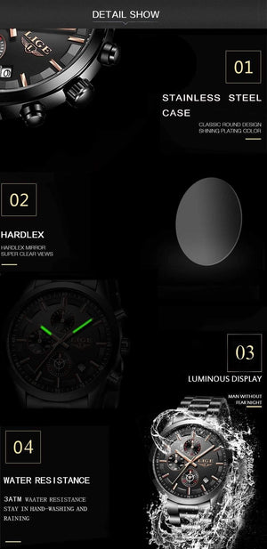 Planet Gates Full Black Rose Watch Men Top Brand Luxury Chronograph Male Sport Watch Quartz Clock Stainless Steel Waterproof Men Watch Relogio Masculino