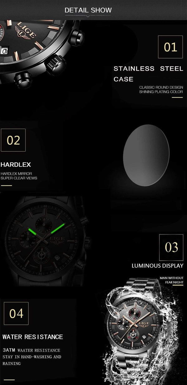 Planet Gates Full Black Rose Watch Men Top Brand Luxury Chronograph Male Sport Watch Quartz Clock Stainless Steel Waterproof Men Watch Relogio Masculino