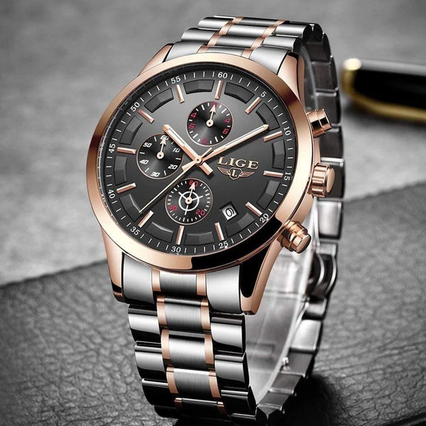Planet Gates Full Black Rose Watch Men Top Brand Luxury Chronograph Male Sport Watch Quartz Clock Stainless Steel Waterproof Men Watch Relogio Masculino