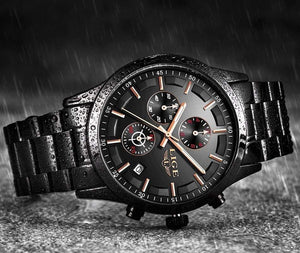 Planet Gates Full Black Rose Watch Men Top Brand Luxury Chronograph Male Sport Watch Quartz Clock Stainless Steel Waterproof Men Watch Relogio Masculino