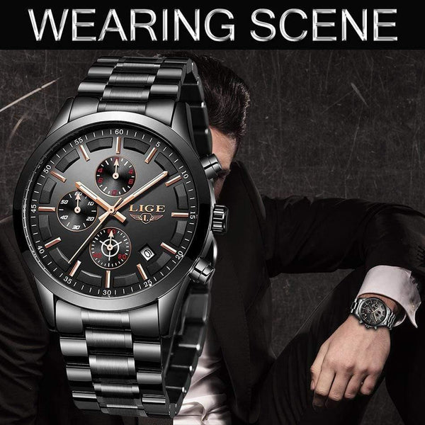 Planet Gates Full Black Rose Watch Men Top Brand Luxury Chronograph Male Sport Watch Quartz Clock Stainless Steel Waterproof Men Watch Relogio Masculino