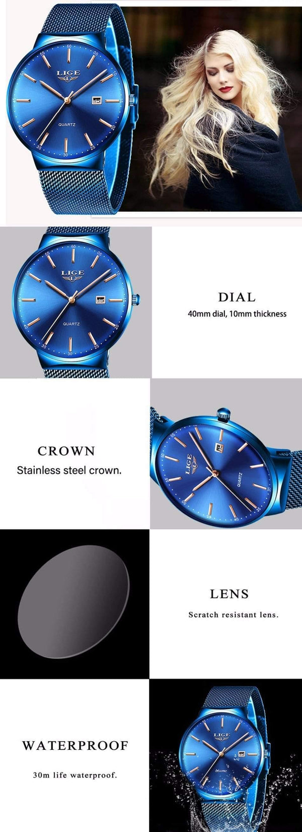 Planet Gates Full black Watch Stainless Steel Mesh Belt Waterproof Clock Quartz Wristwatch Women watch  Relogio Masculino