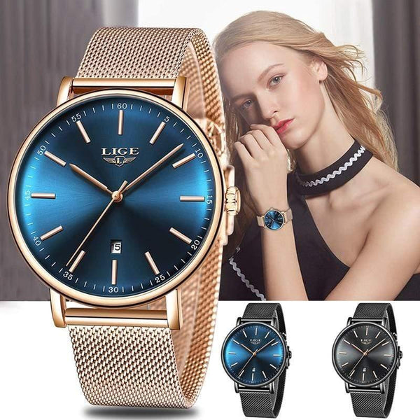 Planet Gates Full black Women Watches Top Brand Luxury Ladies Mesh Belt Ultra-thin Watch Stainless Steel Waterproof Clock Quartz Watch Reloj Mujer