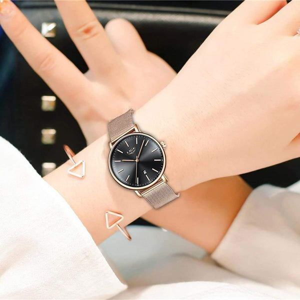 Planet Gates Full black Women Watches Top Brand Luxury Ladies Mesh Belt Ultra-thin Watch Stainless Steel Waterproof Clock Quartz Watch Reloj Mujer