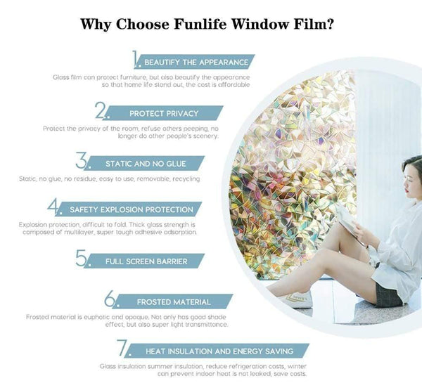 Funlife 3D Privacy Decorative Glass Sticker Rainbow Effect Sticker Adhesive Vinyl Film on Removable Windows