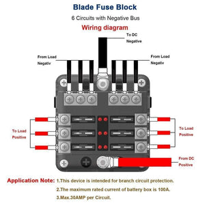 Fuse Box with Negative Bus Blade Fuses Holder Block 6/12 Way with LED Indicator for Boat Van Car Truck Marine