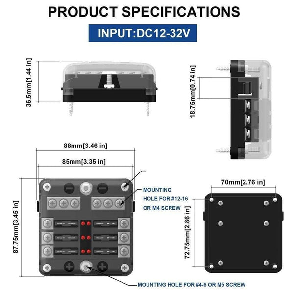 Fuse Box with Negative Bus Blade Fuses Holder Block 6/12 Way with LED Indicator for Boat Van Car Truck Marine