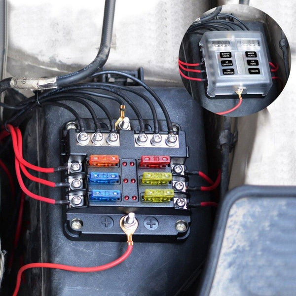 Fuse Box with Negative Bus Blade Fuses Holder Block 6/12 Way with LED Indicator for Boat Van Car Truck Marine