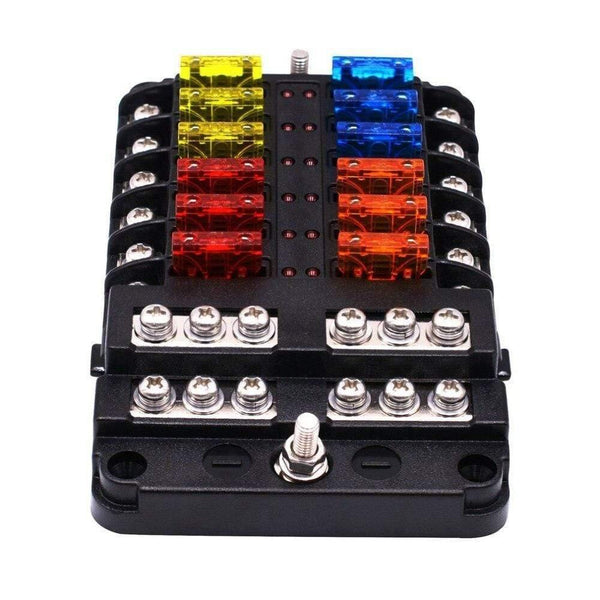 Fuse Box with Negative Bus Blade Fuses Holder Block 6/12 Way with LED Indicator for Boat Van Car Truck Marine