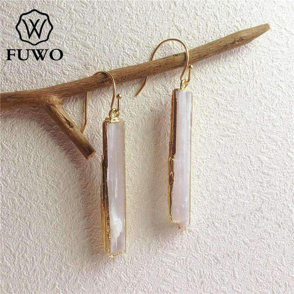 Planet Gates FUWO Natural Selenite Earrings 24K Gold Electroplate Raw Selenite Stone Crystal Blade Dangle Earrings Elegant Jewelry ER004