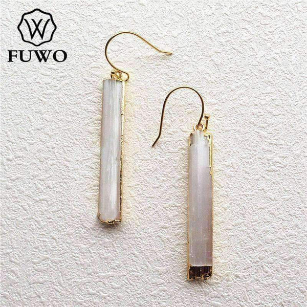 Planet Gates FUWO Natural Selenite Earrings 24K Gold Electroplate Raw Selenite Stone Crystal Blade Dangle Earrings Elegant Jewelry ER004