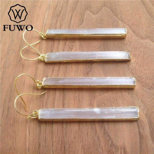 Planet Gates FUWO Natural Selenite Earrings 24K Gold Electroplate Raw Selenite Stone Crystal Blade Dangle Earrings Elegant Jewelry ER004