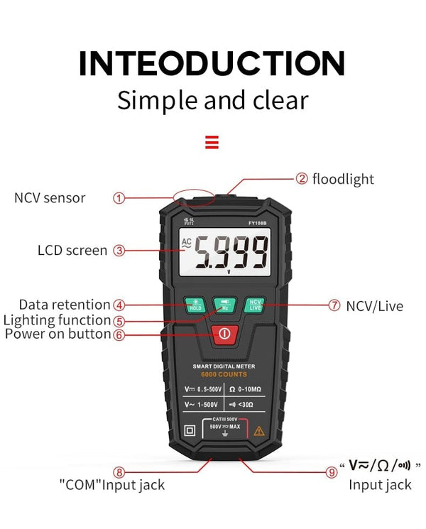 Planet Gates FUYI FY108B Mini Intelligent Automatic Multimeter Digital Multimeter 6000Analog Tester True RMS High Precision NCV Tester