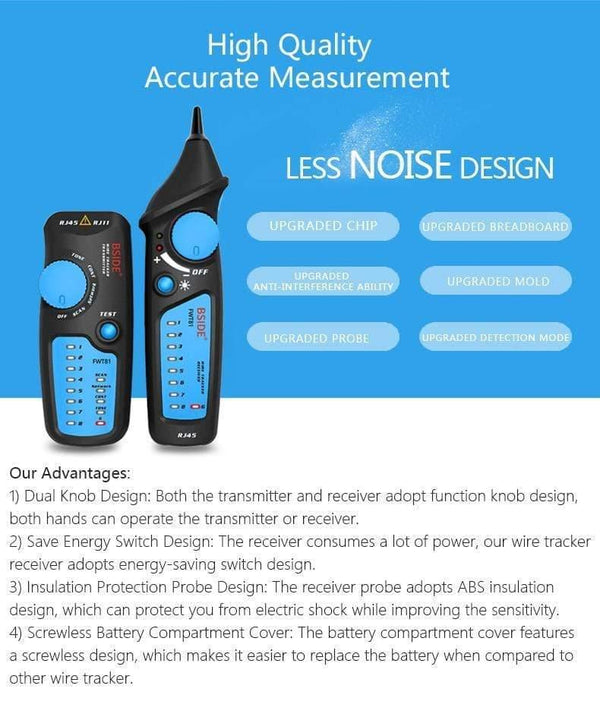 Planet Gates FWT81 Cable Tracker RJ45 RJ11 Telephone Wire Network LAN TV Electric Line Finder Tester With AVD06 Dual Mode Non-contact Voltage Detector AC 12-1000V Auto/Manual NCV Tester Live Wire Check Sensitivity Adjustable
