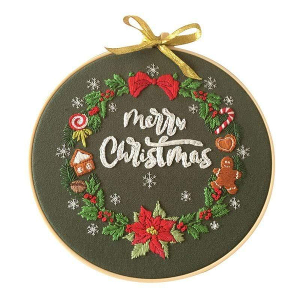 Planet Gates G / 20*20cm Christmas DIY Embroidery Starter Kit With Xmas Themed Pattern Embroidery Hoop Cotton Linen Cloth Thread Needlework Sewing Craft