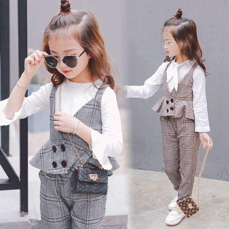 Planet Gates Gary / 3T Autumn Girls Clothing Sets Kids Plaid Suspenders Vest Jackets+Pant 2pcs/sets Tracksuit Children teenage England Suit Sport Suit
