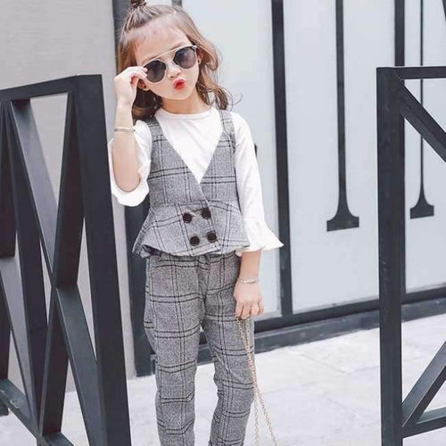 Planet Gates Gary / 3T Autumn Girls Clothing Sets Kids Plaid Suspenders Vest Jackets+Pant 2pcs/sets Tracksuit Children teenage England Suit Sport Suit