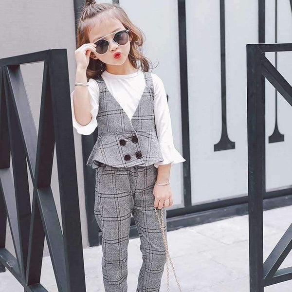 Planet Gates Gary / 3T Autumn Girls Clothing Sets Kids Plaid Suspenders Vest Jackets+Pant 2pcs/sets Tracksuit Children teenage England Suit Sport Suit