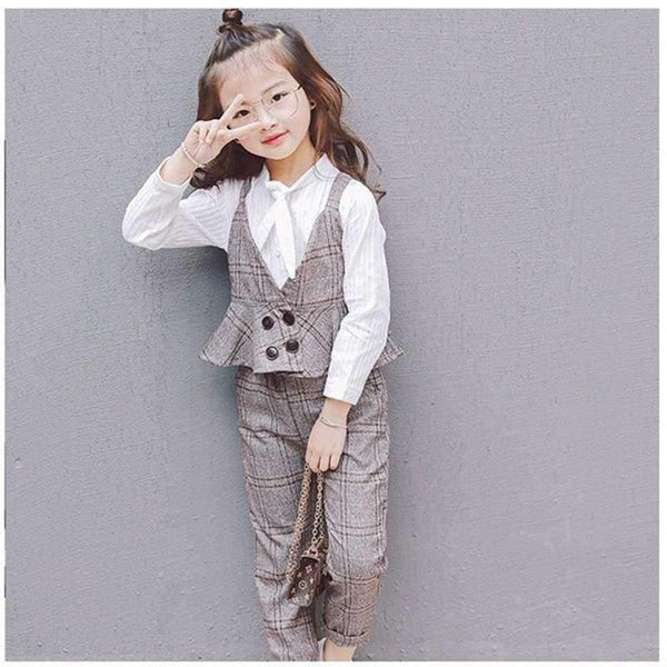 Planet Gates Gary / 3T Autumn Girls Clothing Sets Kids Plaid Suspenders Vest Jackets+Pant 2pcs/sets Tracksuit Children teenage England Suit Sport Suit