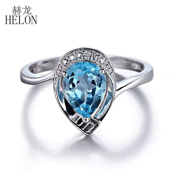 Planet Gates Gemstone Diamonds Jewelry Ring Solid 10K White Gold Natural Diamond Jewelry 8x6mm Pear Cut Blue Topaz Wedding Ring