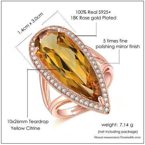 Planet Gates Gemstone Natural TearDrop Citrine 925 Sterling Silver Cocktail Ring Women Jewelry Rose Gold Color