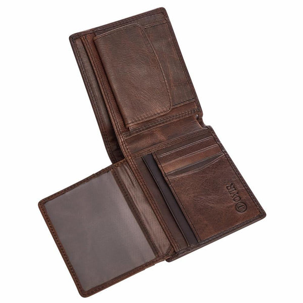 Planet Gates Genuine Crazy Horse Leather Men Wallets Vintage Trifold Wallet Zip Coin Pocket Purse Cowhide Leather Rfid Wallet For Men