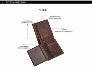 Planet Gates Genuine Crazy Horse Leather Men Wallets Vintage Trifold Wallet Zip Coin Pocket Purse Cowhide Leather Rfid Wallet For Men