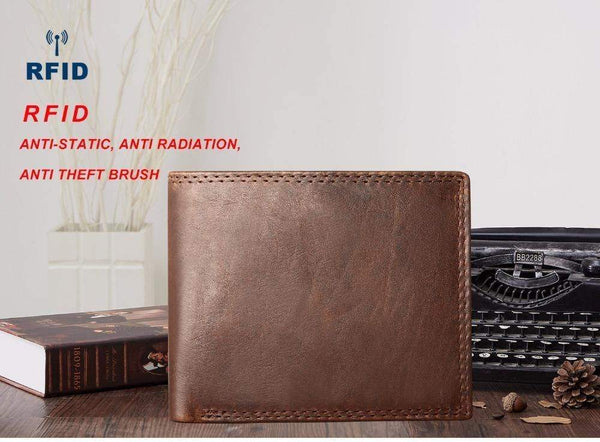 Planet Gates Genuine Crazy Horse Leather Men Wallets Vintage Trifold Wallet Zip Coin Pocket Purse Cowhide Leather Rfid Wallet For Men