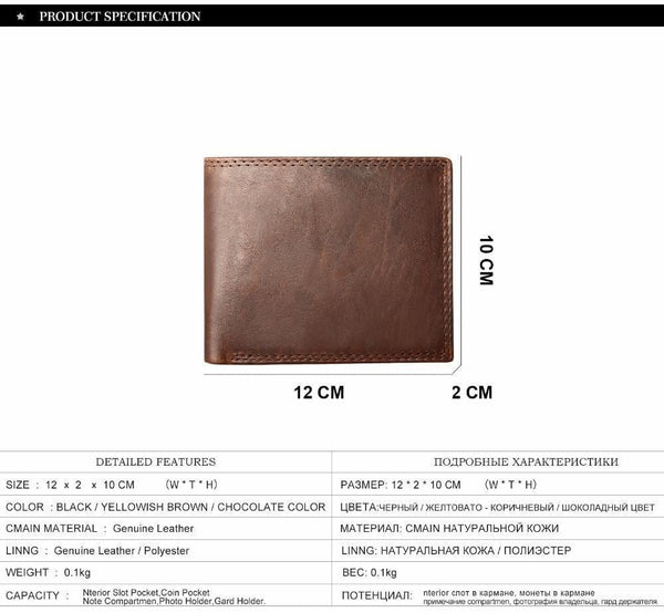 Planet Gates Genuine Crazy Horse Leather Men Wallets Vintage Trifold Wallet Zip Coin Pocket Purse Cowhide Leather Rfid Wallet For Men