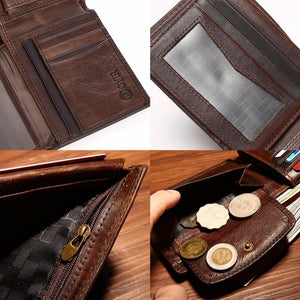 Planet Gates Genuine Crazy Horse Leather Men Wallets Vintage Trifold Wallet Zip Coin Pocket Purse Cowhide Leather Rfid Wallet For Men