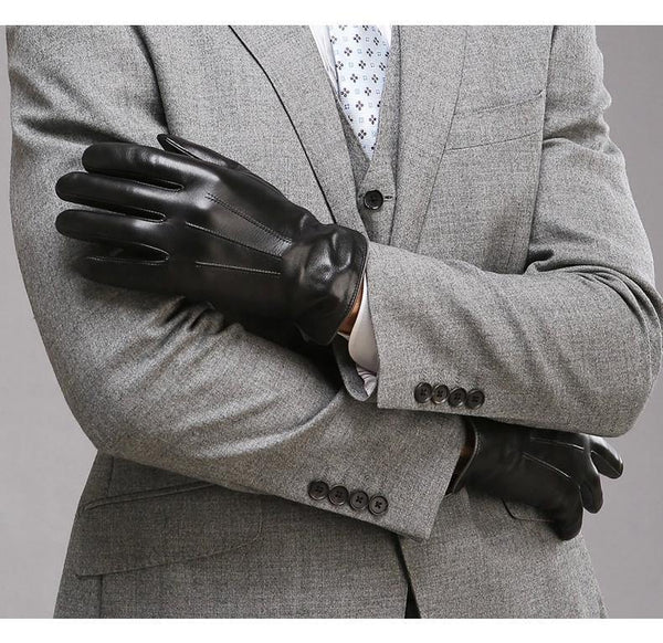 Planet Gates Genuine Leather Gloves For Men Thermal Winter Touch Screen Sheepskin Glove Fashion Slim Wrist Driving