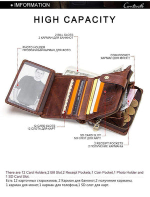 Planet Gates Genuine leather RFID vintage wallet men with coin pocket short wallets small zipper wallet with card holders man purse