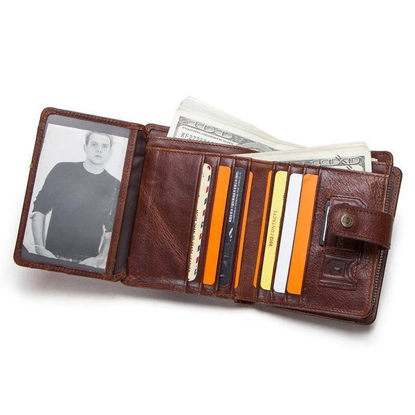 Planet Gates Genuine leather RFID vintage wallet men with coin pocket short wallets small zipper wallet with card holders man purse