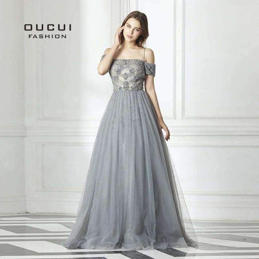 Planet Gates Gery / 4 Backless Long Evening Dress Tulle  Formal Handmade Crystal Ball Gown Boat Neck Spaghetti Strap Hot Drill OL103016