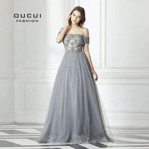 Planet Gates Gery / 4 Backless Long Evening Dress Tulle  Formal Handmade Crystal Ball Gown Boat Neck Spaghetti Strap Hot Drill OL103016