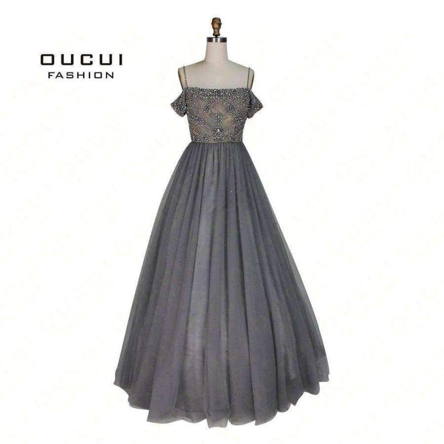 Planet Gates Gery / 4 Backless Long Evening Dress Tulle  Formal Handmade Crystal Ball Gown Boat Neck Spaghetti Strap Hot Drill OL103016